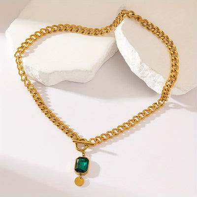 Thick chain emerald gold pendant necklace