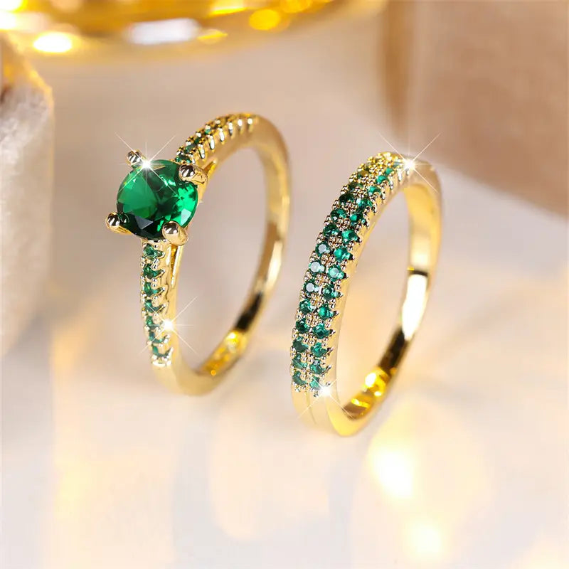 Serena Emerald Double Ring Gold Jewelry Set