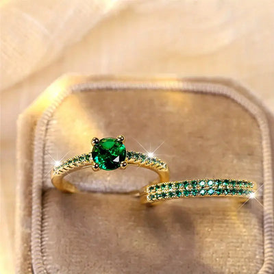 Serena Emerald Double Ring Gold Jewelry Set