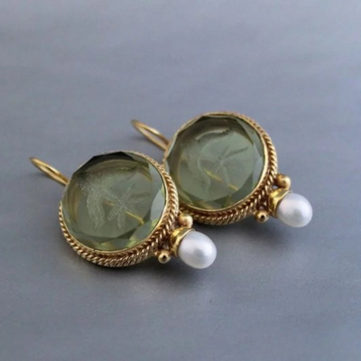 Vintage Round Green Stone Bead Earrings
