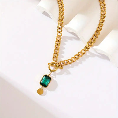 Thick chain emerald gold pendant necklace