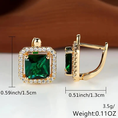 Gold earrings with golden green square zircon