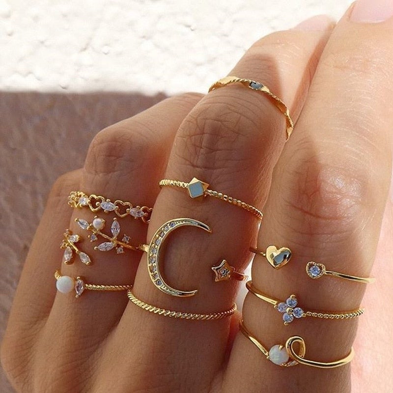 10 pairs of bohemian-style silver and gold rings