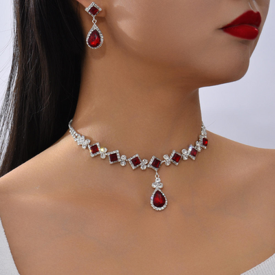 Red teardrop necklace and dangling earrings set