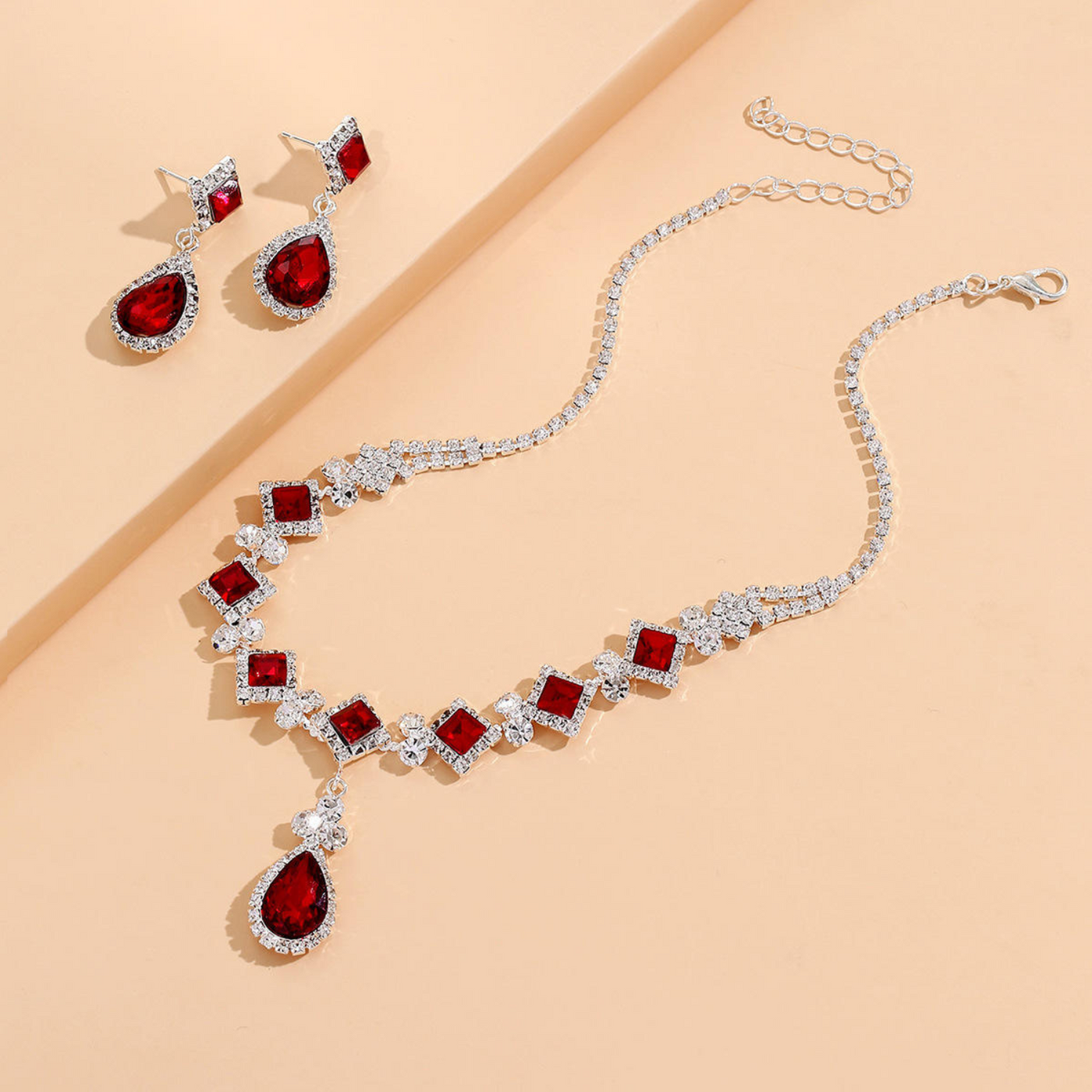 Red teardrop necklace and dangling earrings set