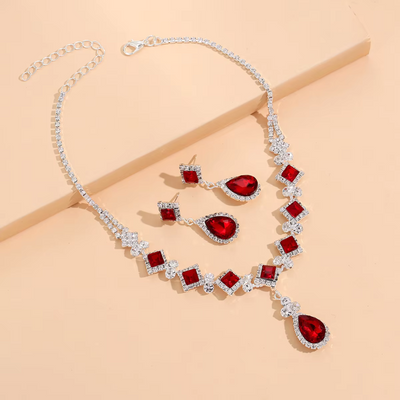 Red teardrop necklace and dangling earrings set