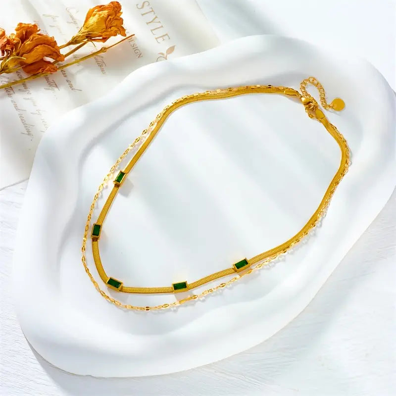 Sorella Gem Double Layer Antique Gold Necklace