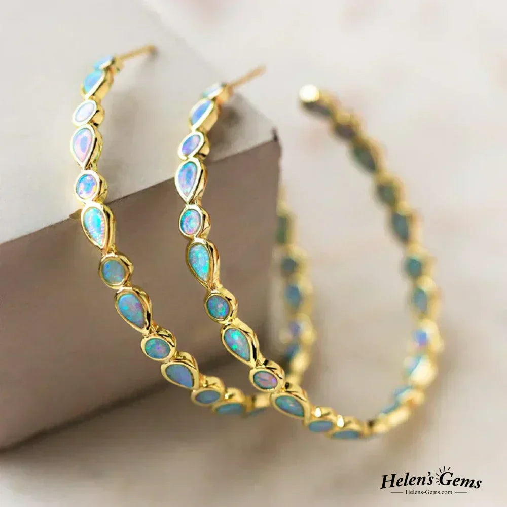 Vintage Blue Opal Gold-Tone Hoop Earrings